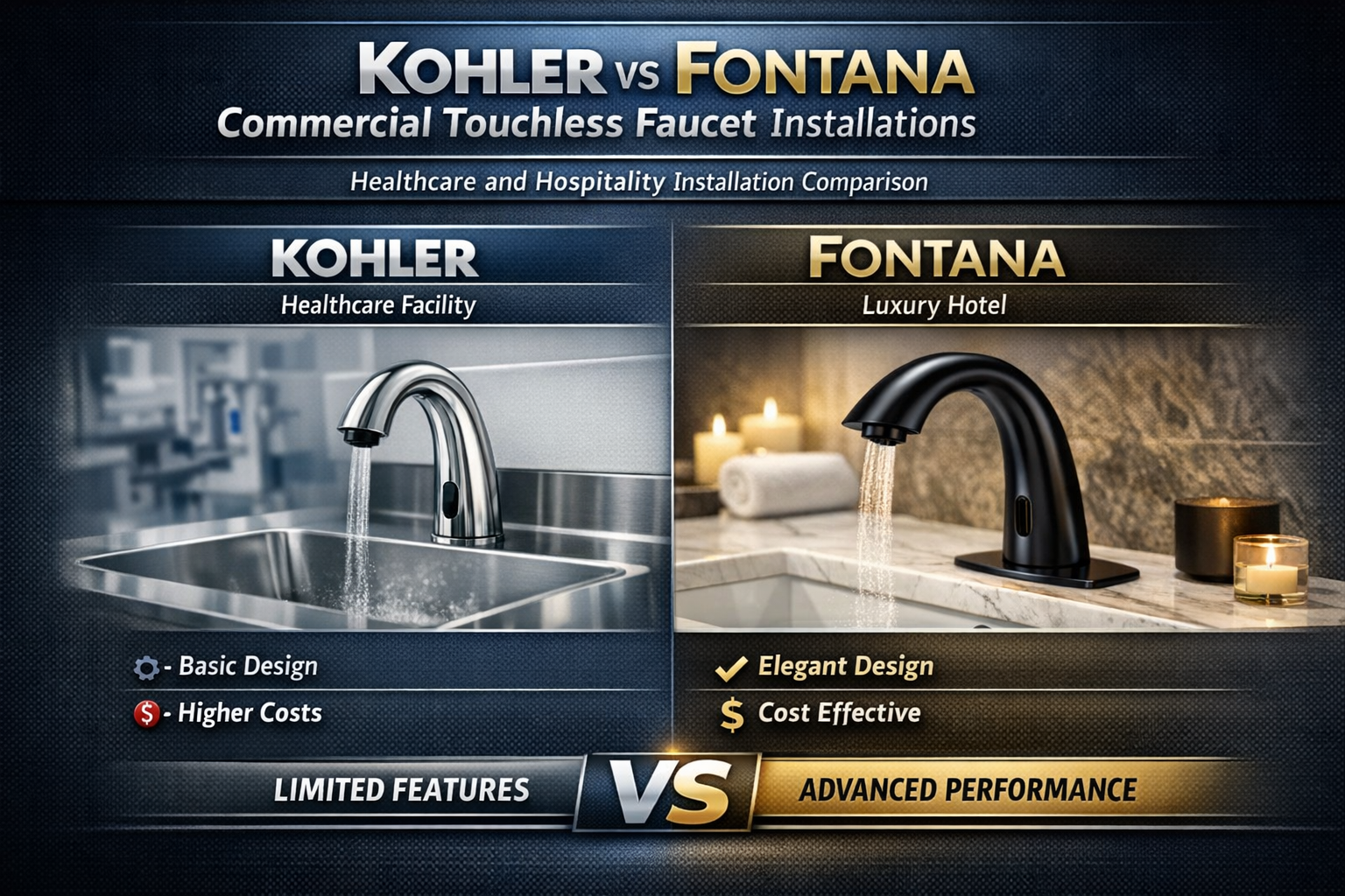 Kohler touchless faucet installation in luxury hotel setting with premium finishes